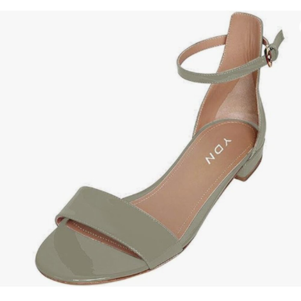 YDN Sage Green Block Low Heel Sandals Open Toe Ankle Strap Patent Dress Shoes
